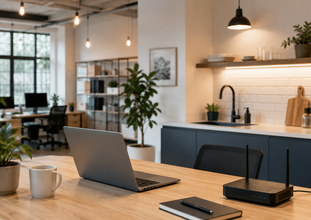 3 Essential Utilities Every Business Should Have in Place Modern business workspace with laptop, Wi-Fi router and office utilities for daily operations