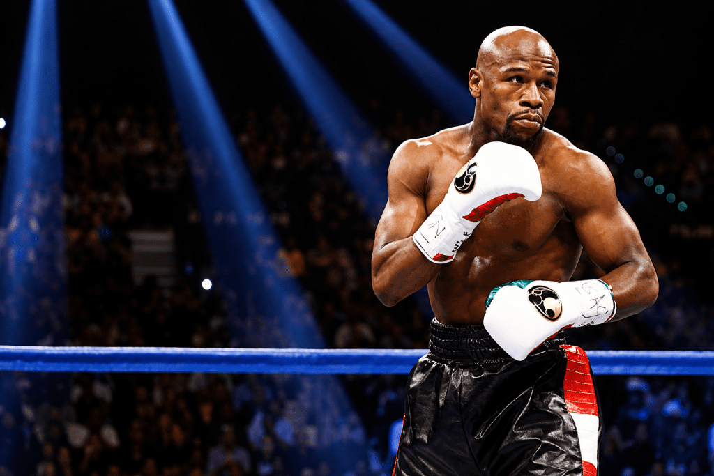 Floyd Mayweather Faces Felony Charges Over Alleged $200,000 Watch Payment Floyd Mayweather in a boxing ring under bright lights for article about felony charges over alleged luxury watch payment