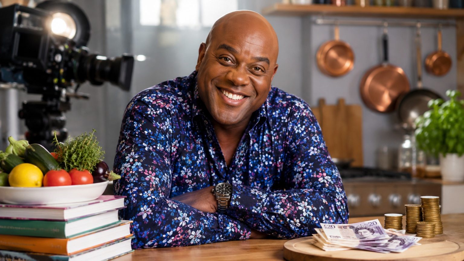 Ainsley Harriott smiling in a bright kitchen during a television cooking programme