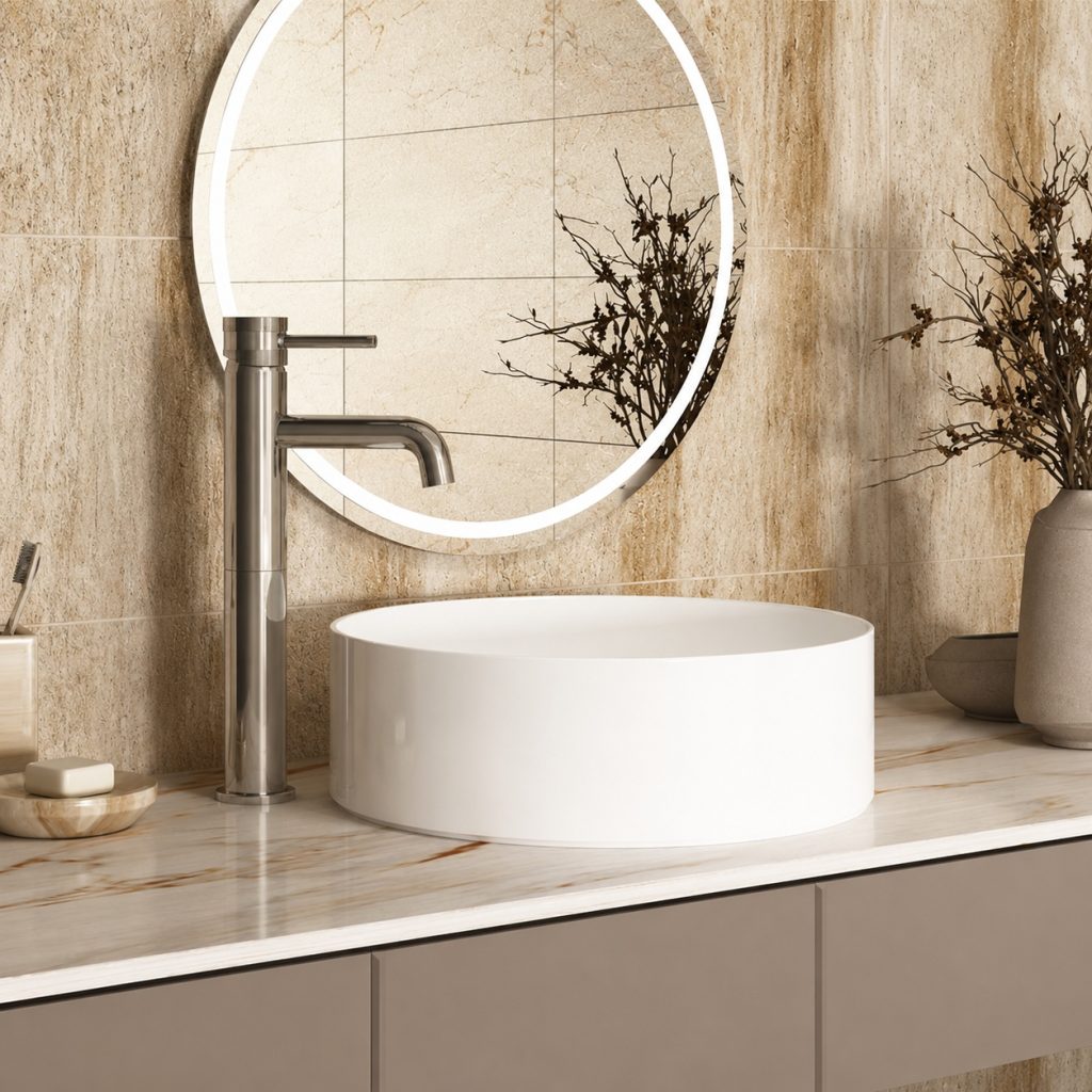 Tall chrome basin mixer tap beside a white countertop vessel basin in a modern bathroom.