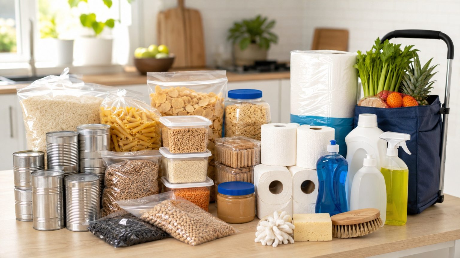 Bulk Buying Strategies for Better Household Hauls Bulk household essentials, groceries and cleaning supplies arranged on a kitchen counter.