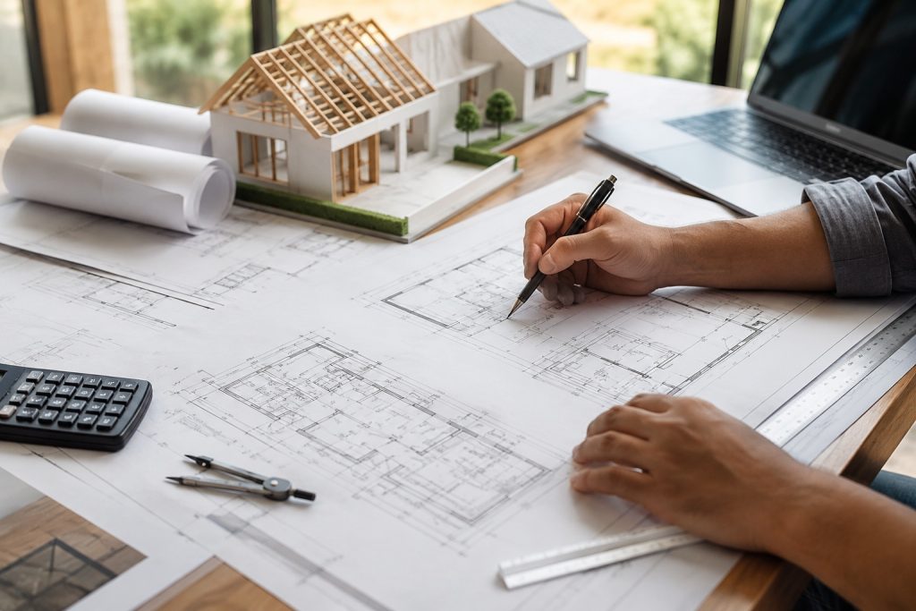 Architect reviewing house extension drawings for a residential building project