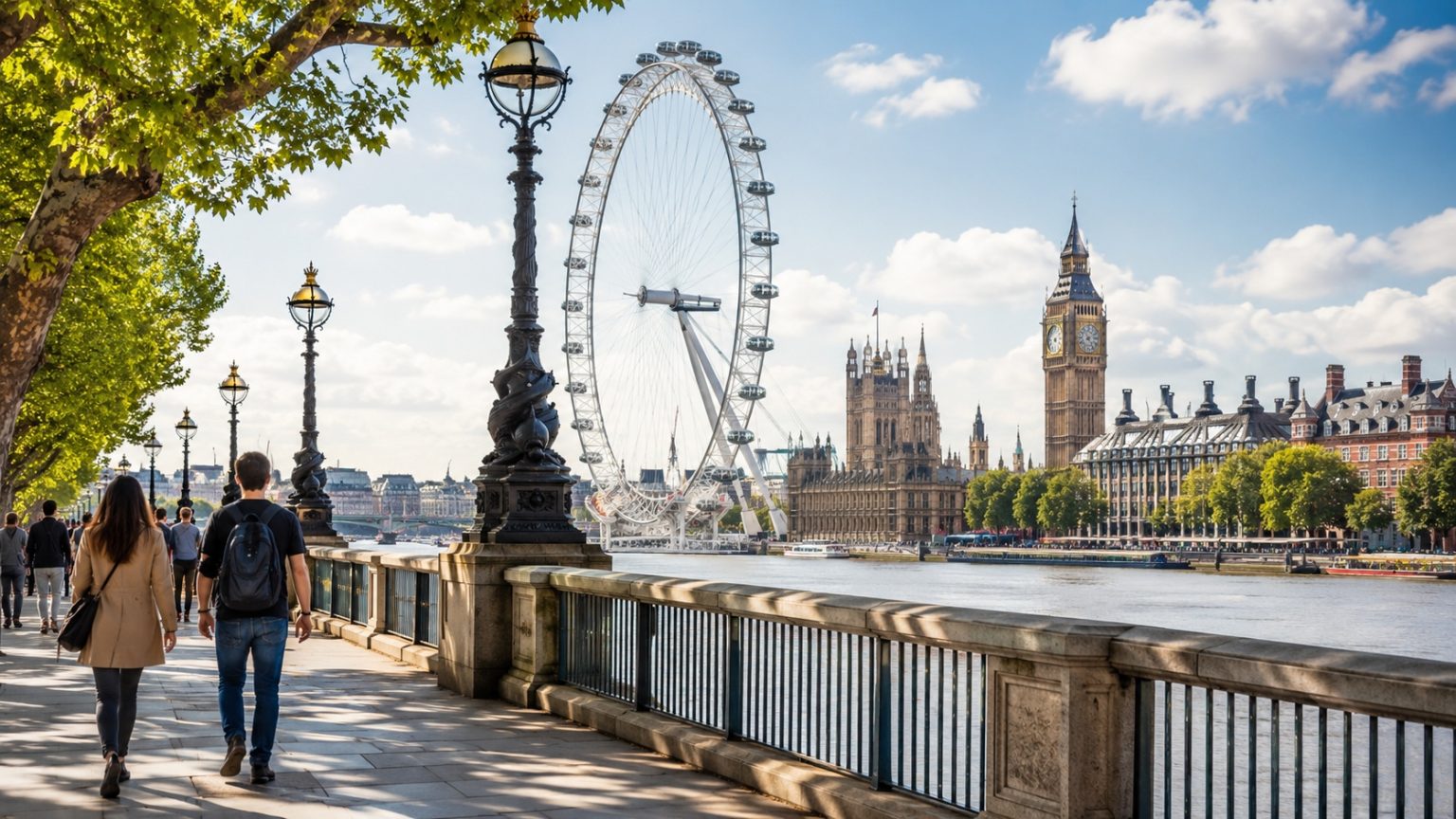 23 Free Things to Do in London People walking along London’s South Bank with the London Eye and Big Ben beside the River Thames.