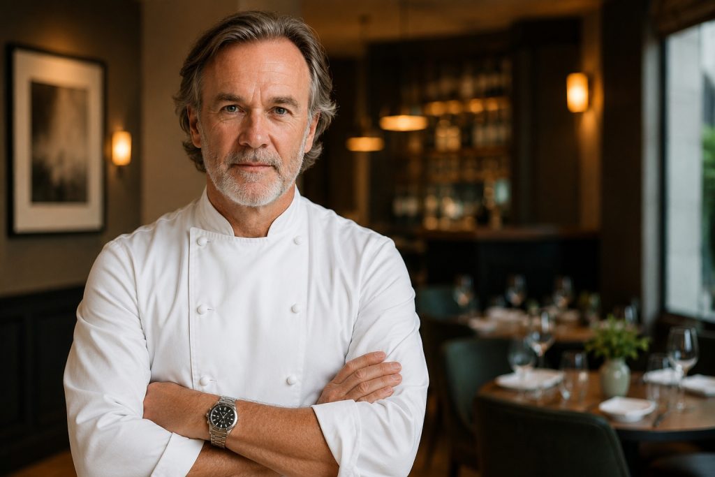 What Is Marcus Wareing’s Net Worth? Marcus Wareing in a chef’s jacket standing inside an elegant restaurant dining room