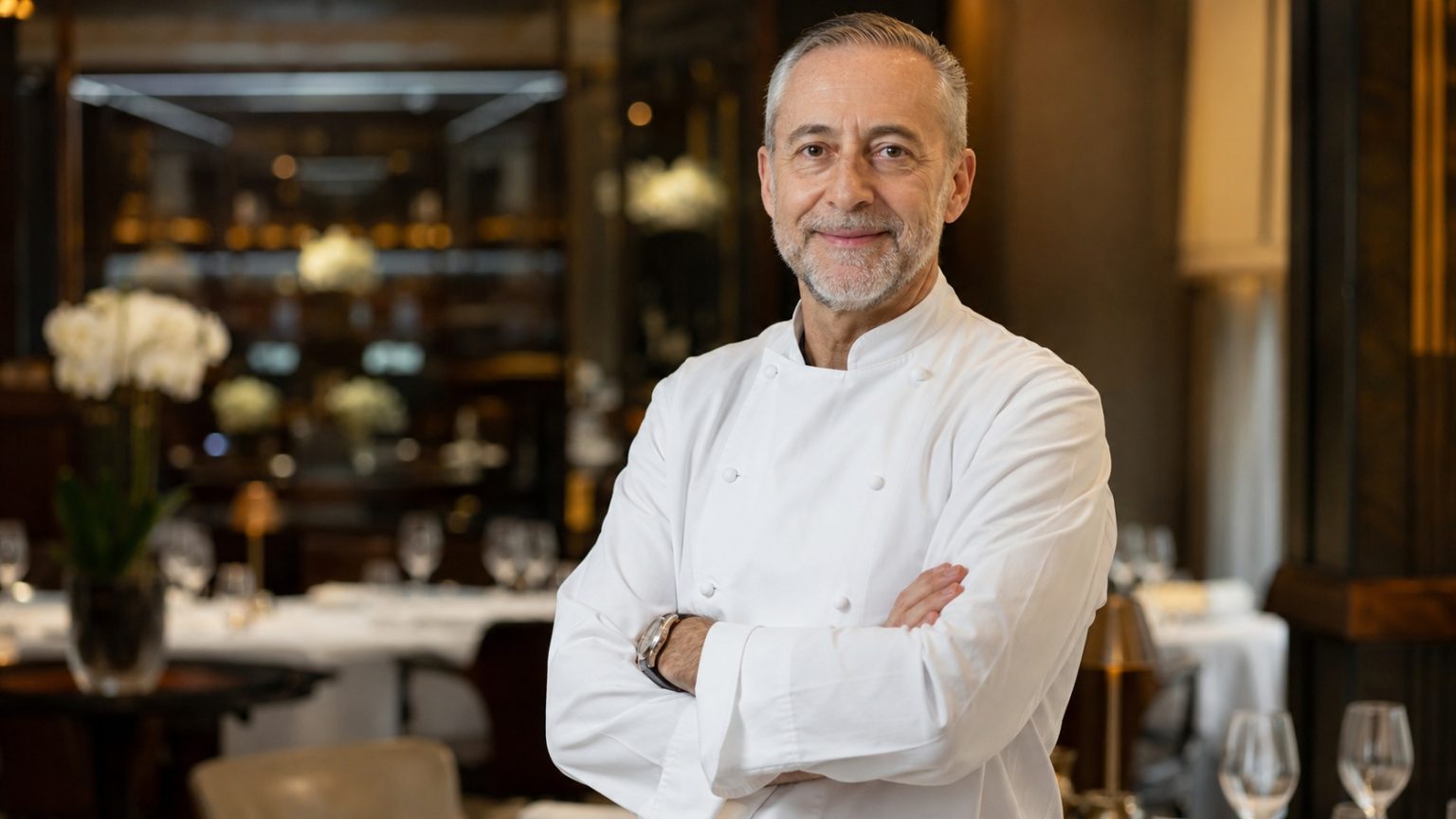 Michel Roux Jr in a chef’s jacket standing inside an elegant fine-dining restaurant.