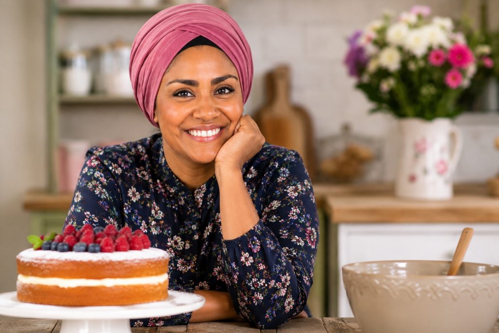 Nadiya Hussain Net Worth: Bake Off, Books and TV Earnings Nadiya Hussain in a bright kitchen setting representing her Bake Off, television and cookbook career