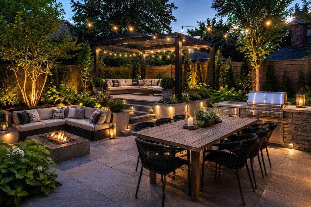 How to Create an Outdoor Entertaining Space That Actually Gets Used Outdoor entertaining space with patio dining, pergola, garden seating and warm evening lighting