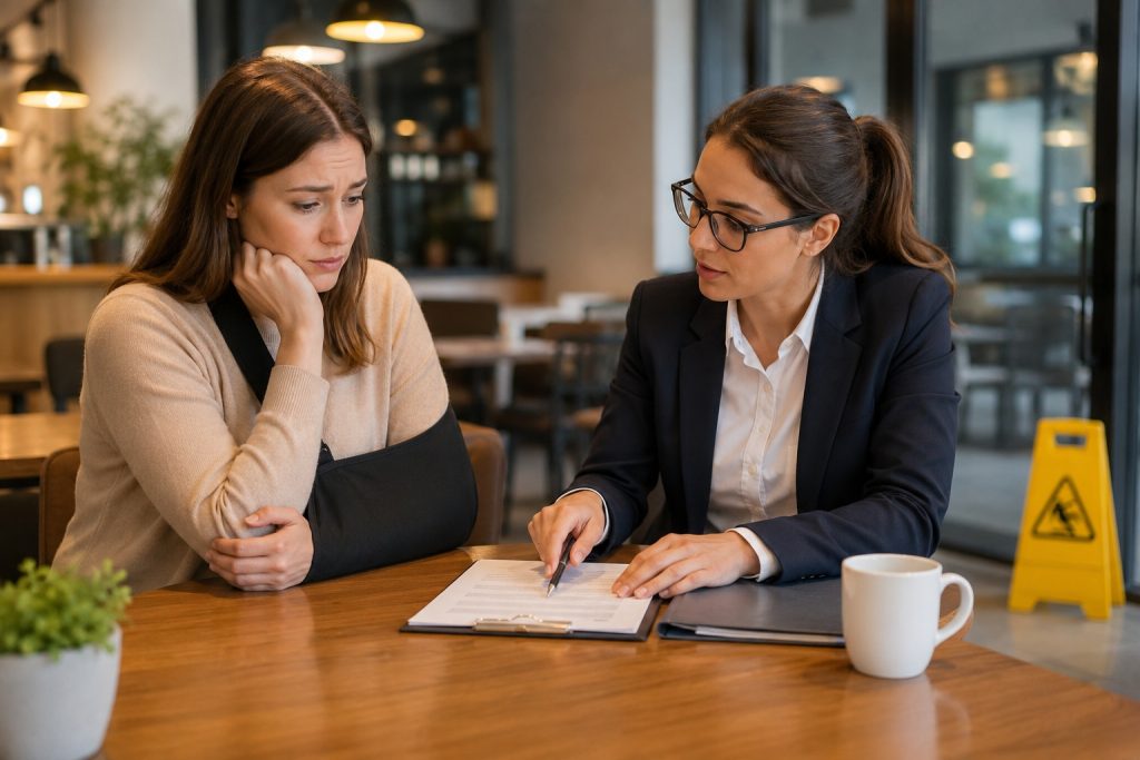 Injured diner discussing a restaurant incident and legal rights with a legal professional
