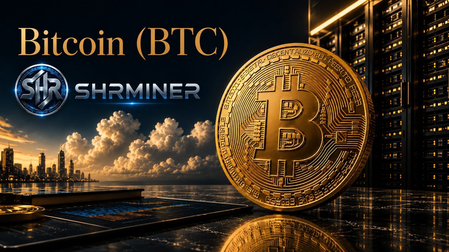Bitcoin BTC coin with SHRMiner cloud mining platform and data center background