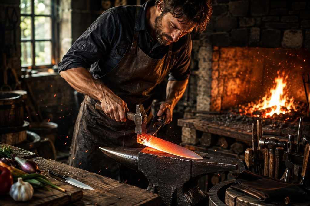 Why Every Serious Home Cook Should Forge Their Own Chef’s Knife Home cook forging a handmade chef’s knife at a traditional blacksmith forge