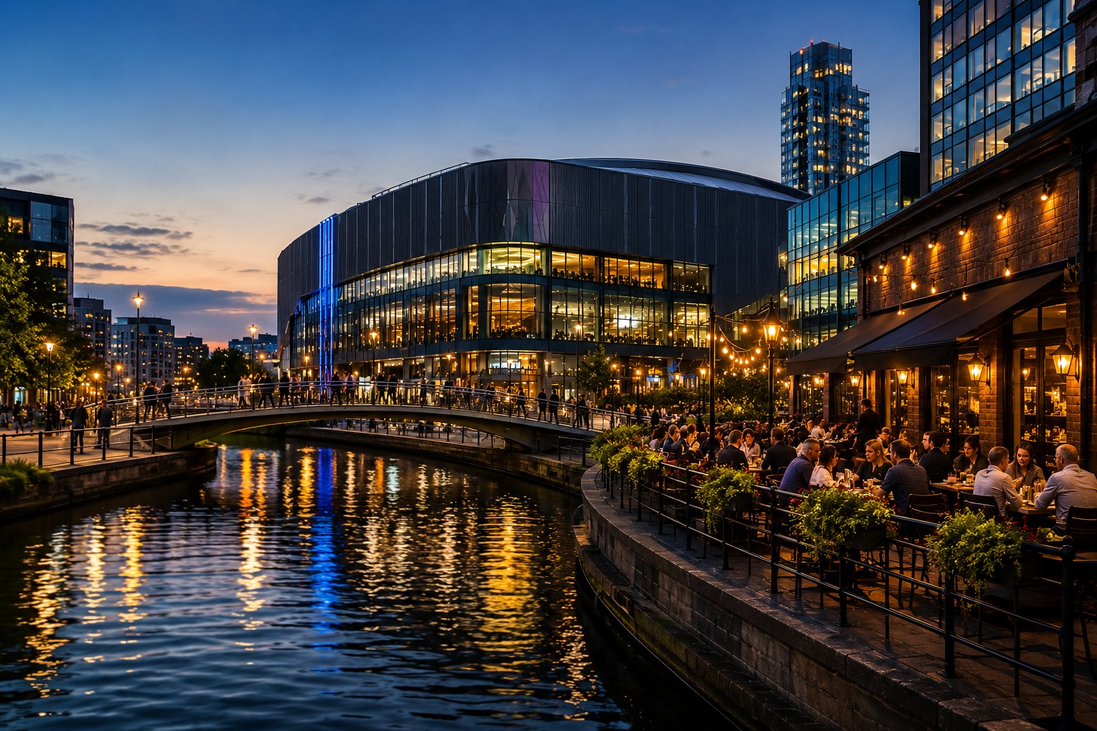 Waterfront restaurants and modern arena illuminated at dusk with diners enjoying outdoor seating