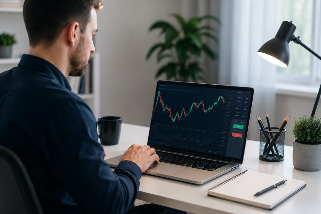 How to Start Demo Trading Forex As a Beginner Beginner learning forex demo trading using currency charts on a laptop