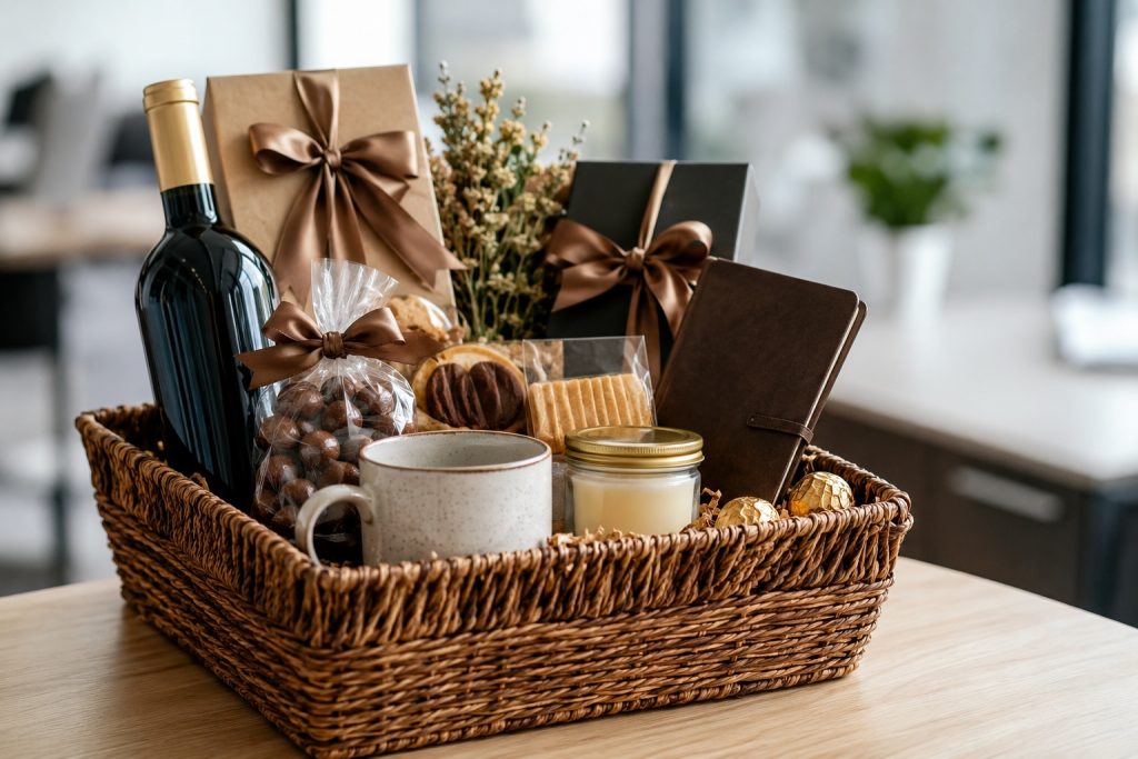 Luxury leaving hamper with premium gifts prepared for a departing colleague