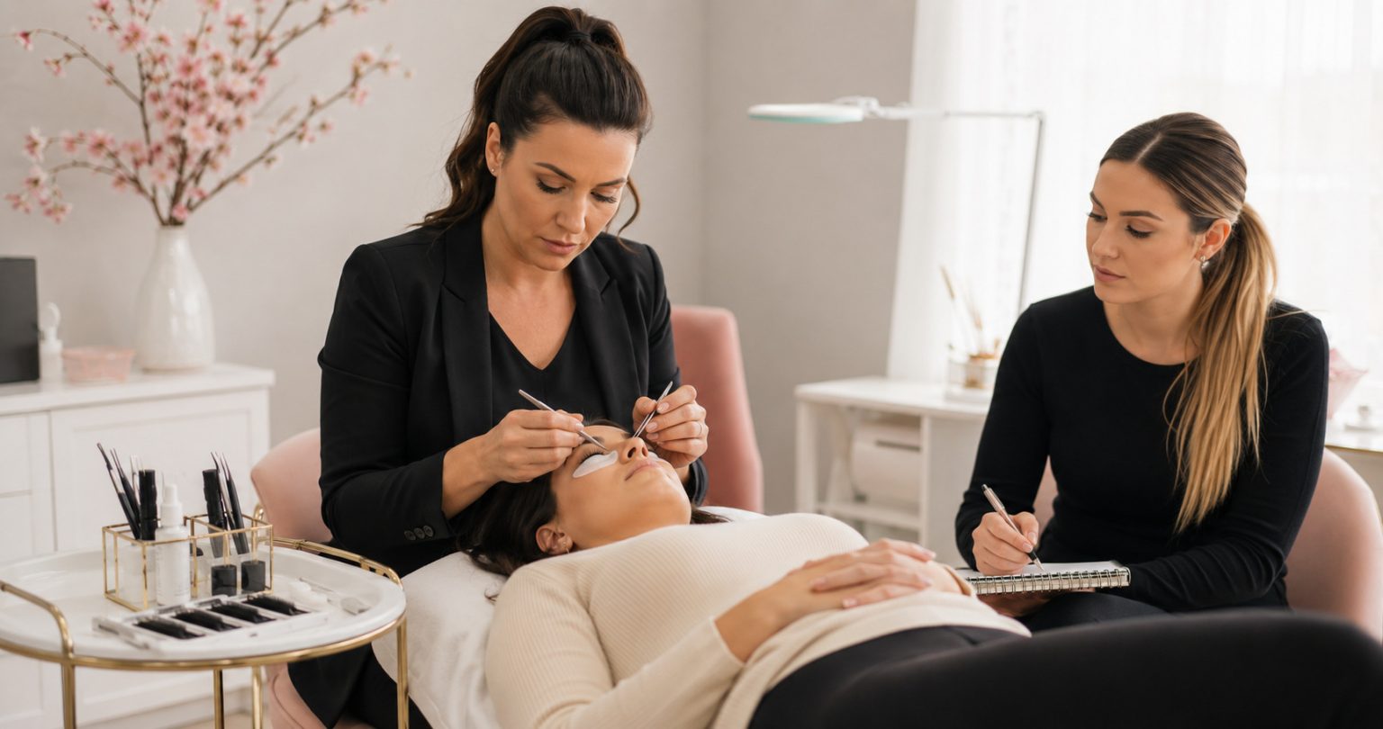 Professional lash artist applying eyelash extensions to a client