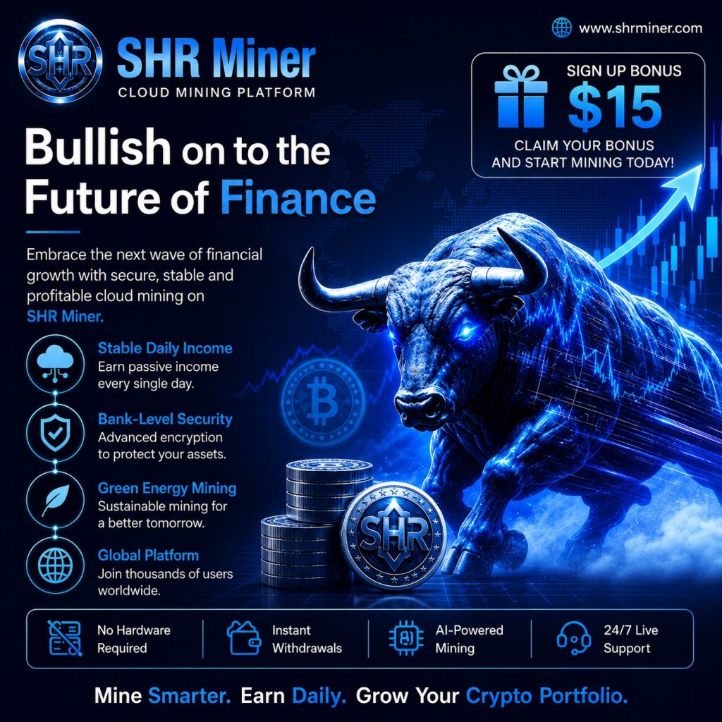SHR Miner has launched a free cloud mining service for holders of BTC, XRP, and ETH, offering daily earnings of $10,700 or more SHR Miner cloud mining platform promotion featuring a blue bull, Bitcoin coins and a $15 sign-up bonus.