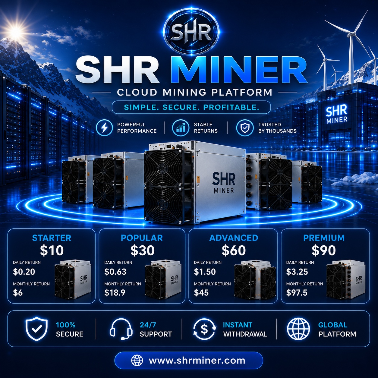 SHR Miner cloud mining platform showing cryptocurrency mining machines, pricing plans and renewable energy data centres.