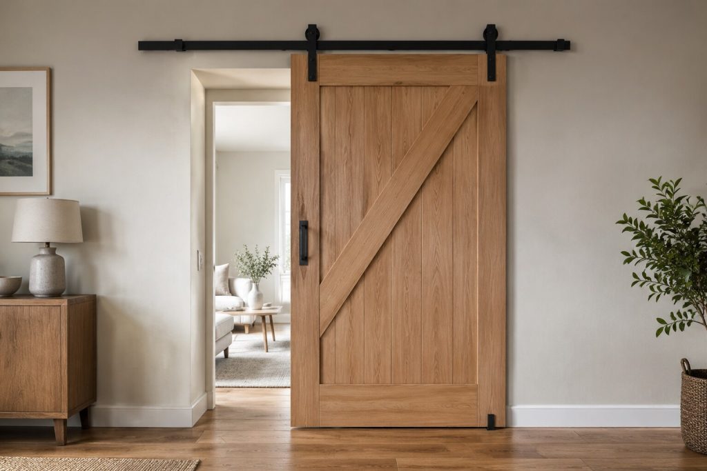 Barn door hardware with sliding track and wall support