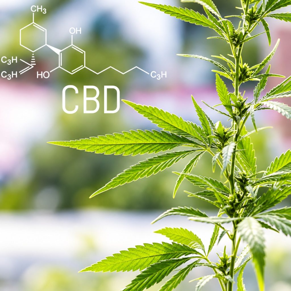 Fresh green hemp plant with a CBD chemical formula in the background.