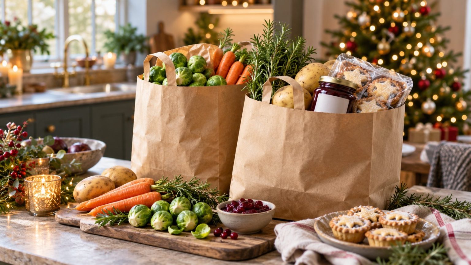 Waitrose Opens Christmas Delivery Slots for 2026: Key Dates and How to Book Christmas groceries in paper bags on a kitchen counter with festive decorations