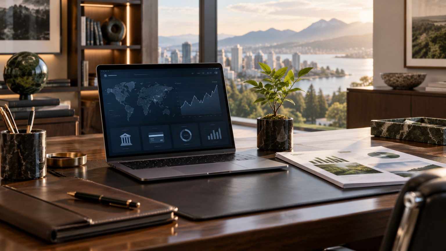 Michael Gastauer leadership article illustration showing digital banking, family investment and philanthropy on an executive desk.