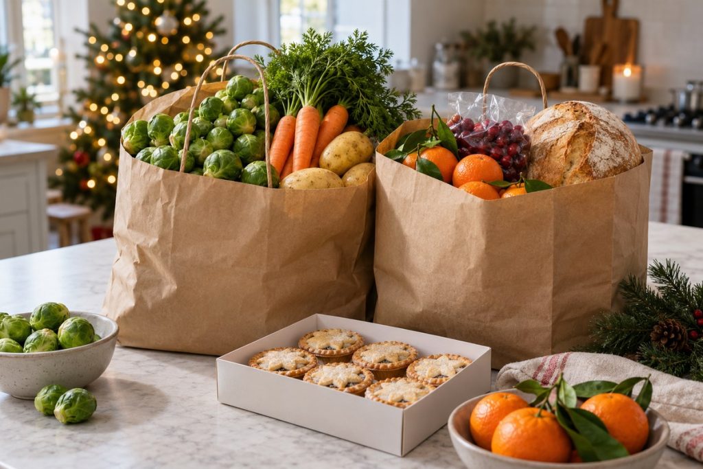 Tesco Christmas Delivery Slots 2026: Booking Dates and How to Secure a Slot Christmas groceries and mince pies on a kitchen counter with festive decorations.