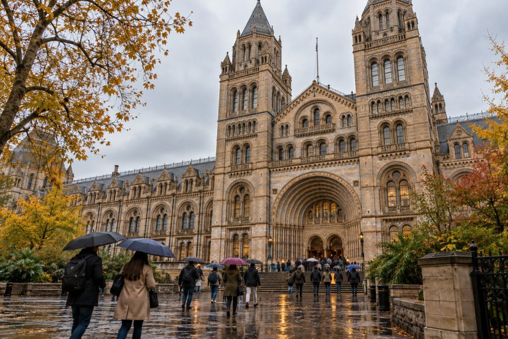Things to Do in London When It Rains: 10 Indoor Ideas Worth Your Time Visitors with umbrellas outside London’s Natural History Museum on a rainy autumn day.