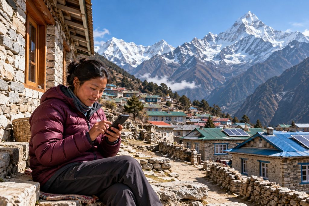 How Communities Stay Connected in the Remote Himalayas Himalayan connectivity illustrated by a woman using a smartphone in a remote mountain village